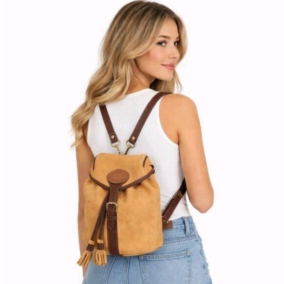 Vintage Dooney & Bourke Nubuc Suede Backpack USA Tassel AWL Tan Leather - Picture 2 of 16